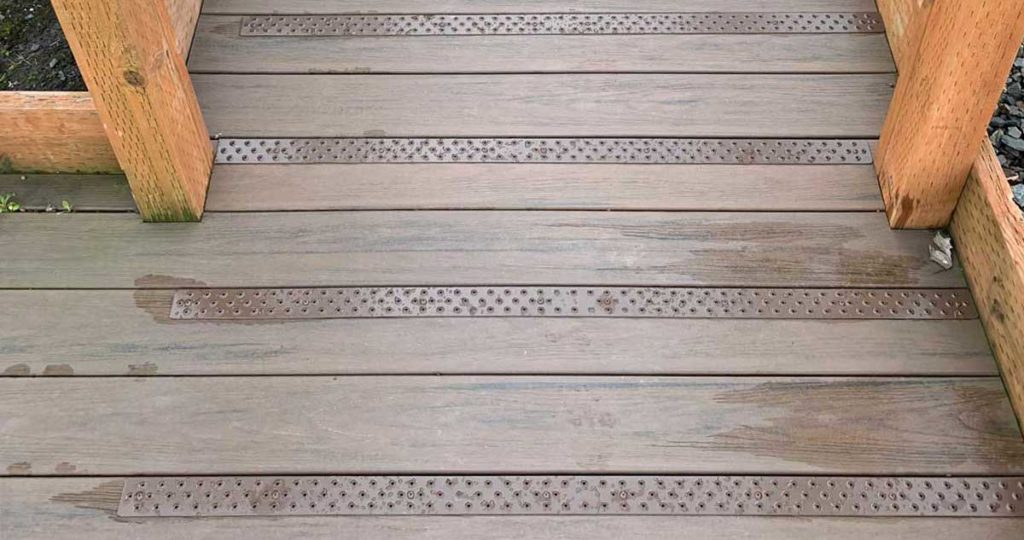 Brown Non-slip Aluminum Deck Treads on a Wood Ramp