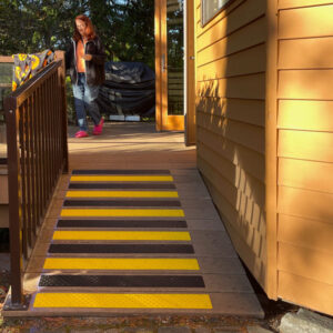 "Thanks again for producing such great anti-slip treads for stairs and ramps! My son, just installed the safety strips on our side deck for my wheelchair, and the bright colors we picked really stand out!?