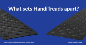 Infographic comparing HandiTreads non-slip aluminum treads to imitators' treads