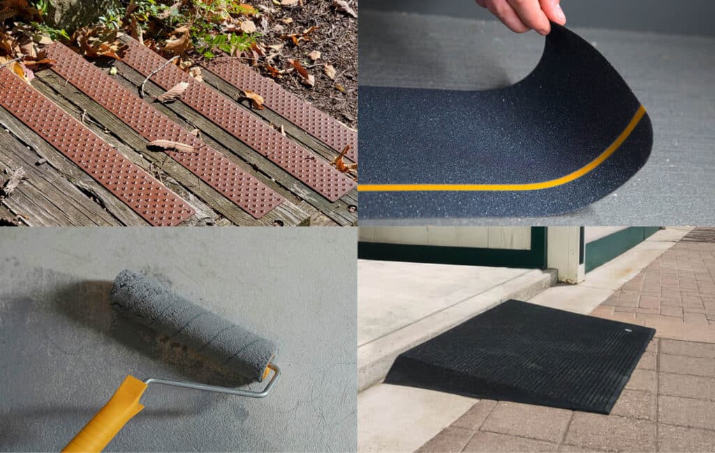A collage of 4 non-slip solutions. The best non-slip solutions are aluminum treads, but other options include grit tape, textured paint, and rubber mats