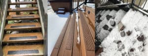 Images of outdoor wooden steps. One is a staircase with handitreads installed, one is a side view of a set of steps with non-slip treads, and the last is snow covered steps